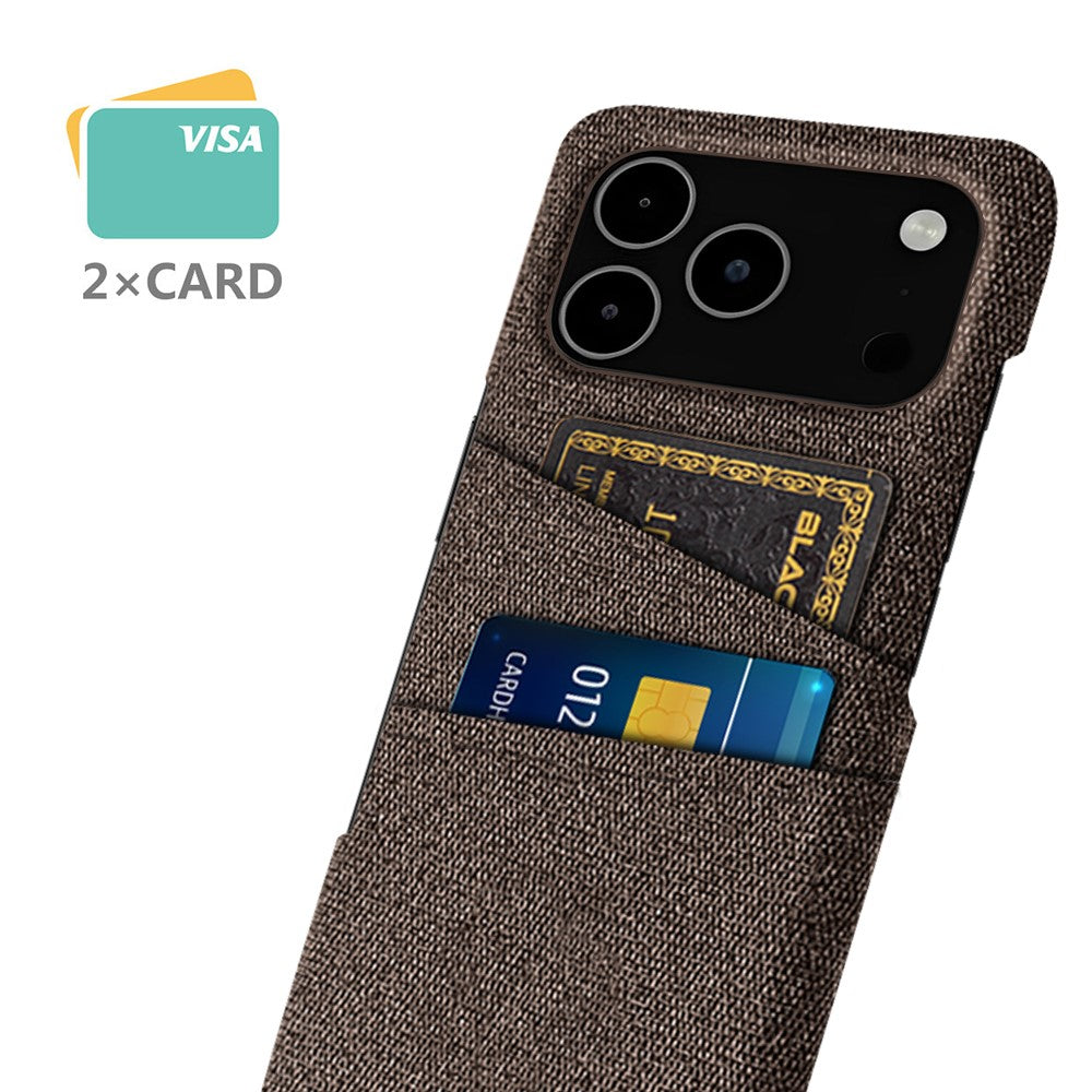 For iPhone 17 Pro Max Case Cloth + Hard PC Phone Cover with Dual Card Slots - Brown