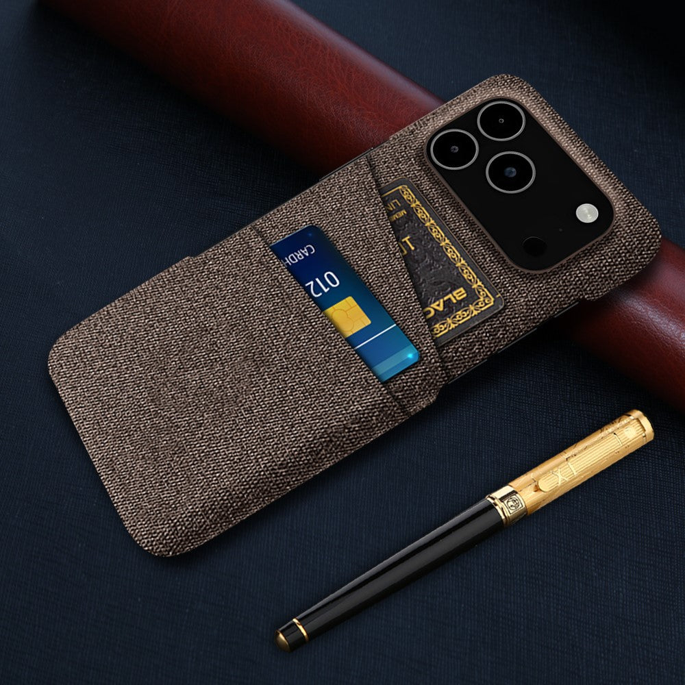 For iPhone 17 Pro Max Case Cloth + Hard PC Phone Cover with Dual Card Slots - Brown