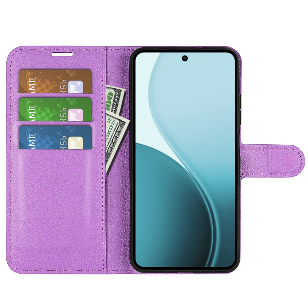 For Oppo Reno14 5G (China) / Oppo Reno14 5G (Global) Case Litchi Texture Shockproof Leather Wallet Phone Cover - Purple