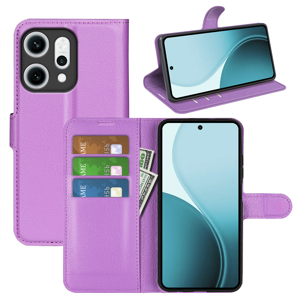 For Oppo Reno14 5G (China) / Oppo Reno14 5G (Global) Case Litchi Texture Shockproof Leather Wallet Phone Cover - Purple