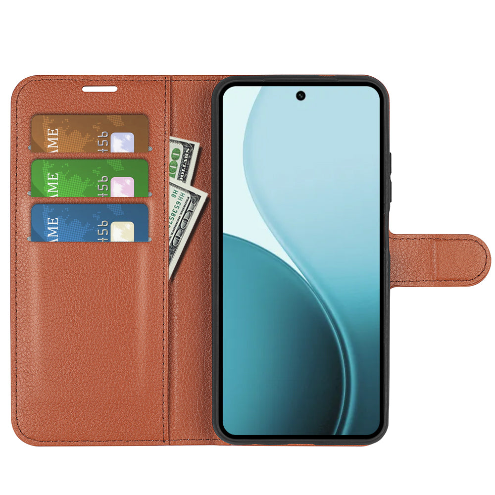 For Oppo Reno14 5G (China) / Oppo Reno14 5G (Global) Case Litchi Texture Shockproof Leather Wallet Phone Cover - Brown