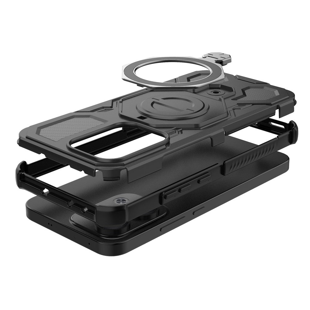 For Oppo Reno13 5G (Global) Magnetic Case Rotating Metal Kickstand PC + TPU Phone Back Cover - Black