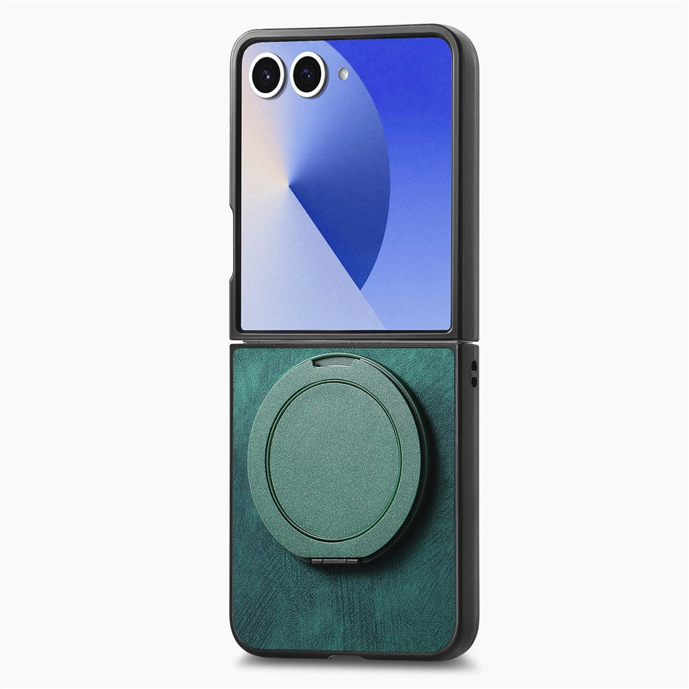 For Samsung Galaxy Z Flip7 5G Phone Case with Rotating Kickstand Stress Relief Retro Leather Back Cover - Green