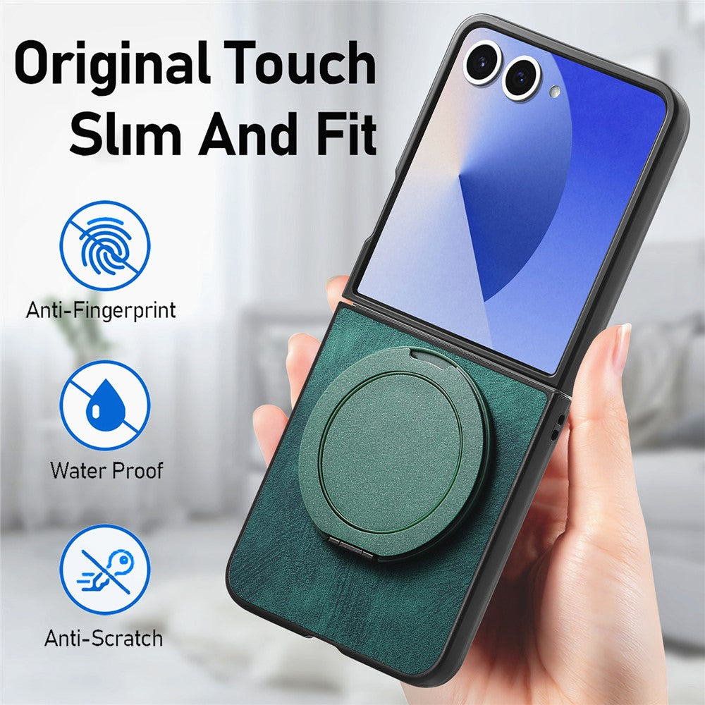 For Samsung Galaxy Z Flip7 5G Phone Case with Rotating Kickstand Stress Relief Retro Leather Back Cover - Green