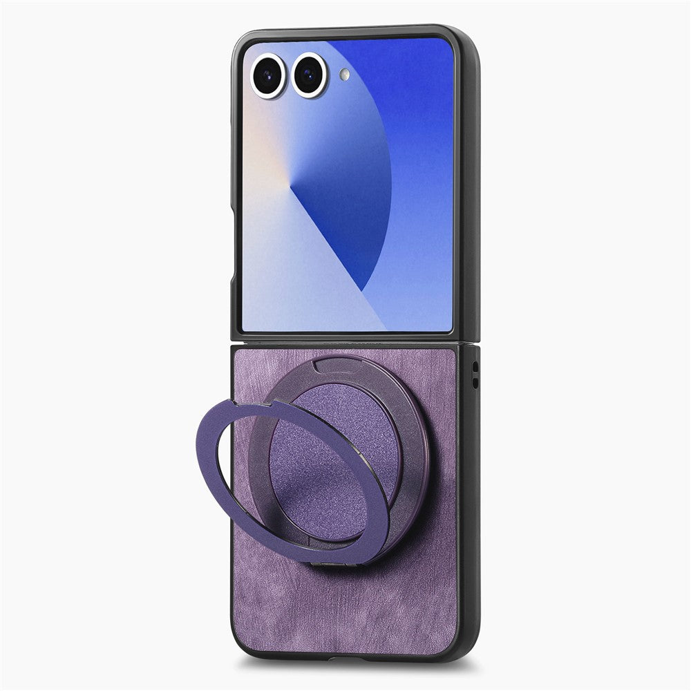 For Samsung Galaxy Z Flip7 5G Phone Case with Rotating Kickstand Stress Relief Retro Leather Back Cover - Purple