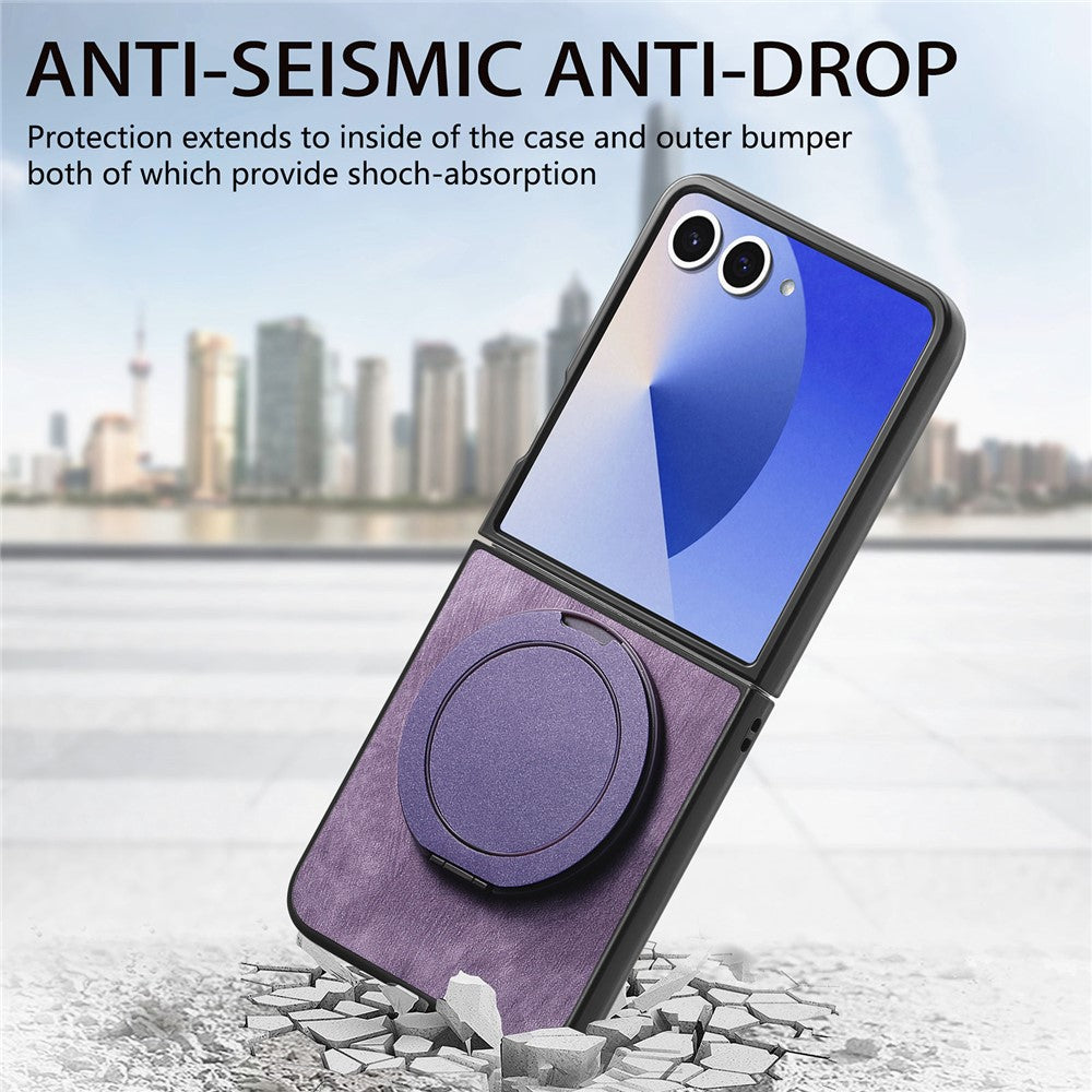 For Samsung Galaxy Z Flip7 5G Phone Case with Rotating Kickstand Stress Relief Retro Leather Back Cover - Purple