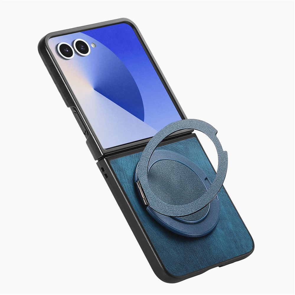 For Samsung Galaxy Z Flip7 5G Phone Case with Rotating Kickstand Stress Relief Retro Leather Back Cover - Blue