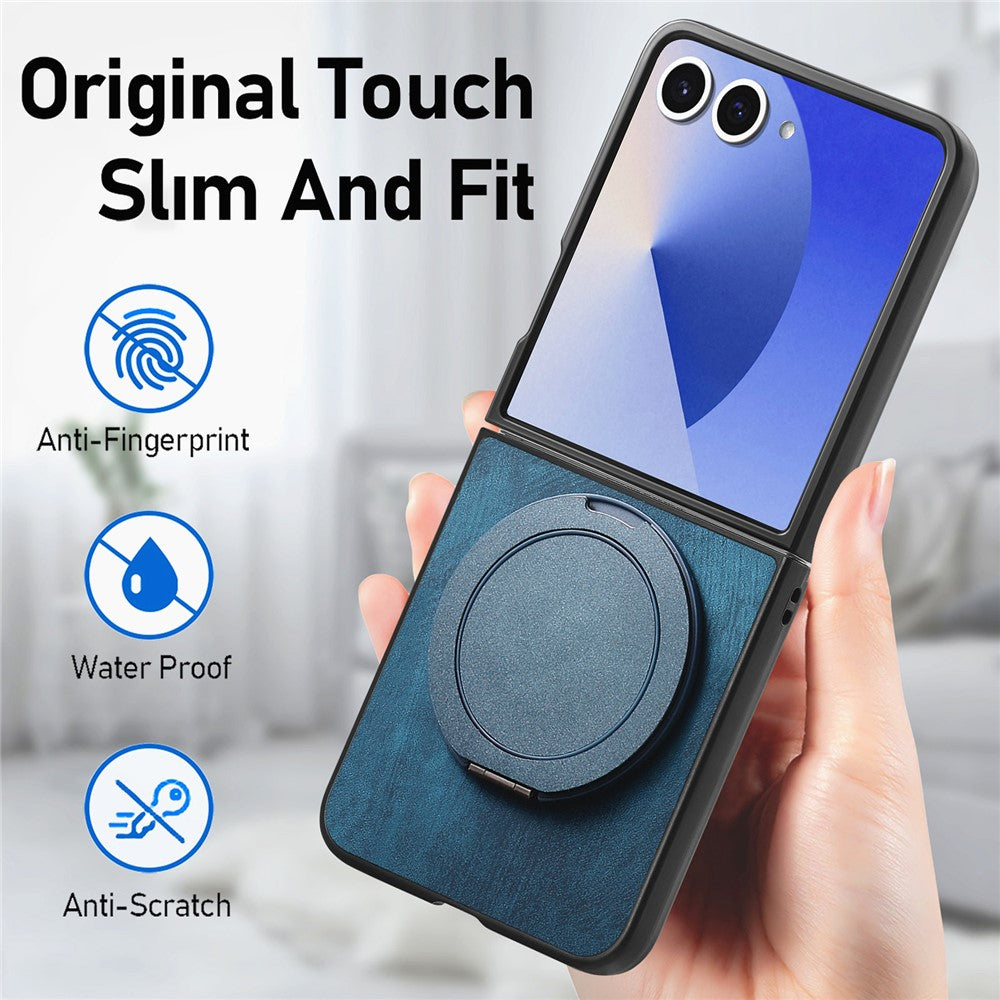 For Samsung Galaxy Z Flip7 5G Phone Case with Rotating Kickstand Stress Relief Retro Leather Back Cover - Blue