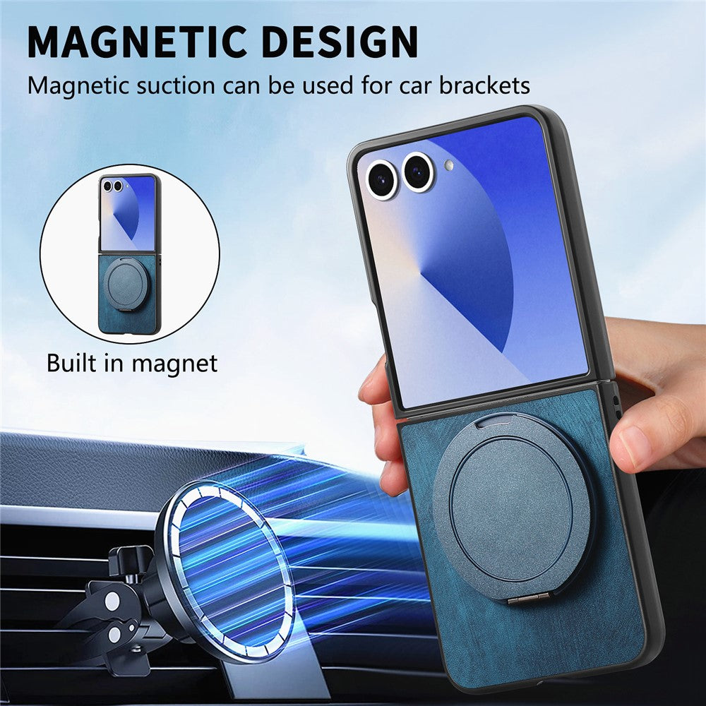 For Samsung Galaxy Z Flip7 5G Phone Case with Rotating Kickstand Stress Relief Retro Leather Back Cover - Blue