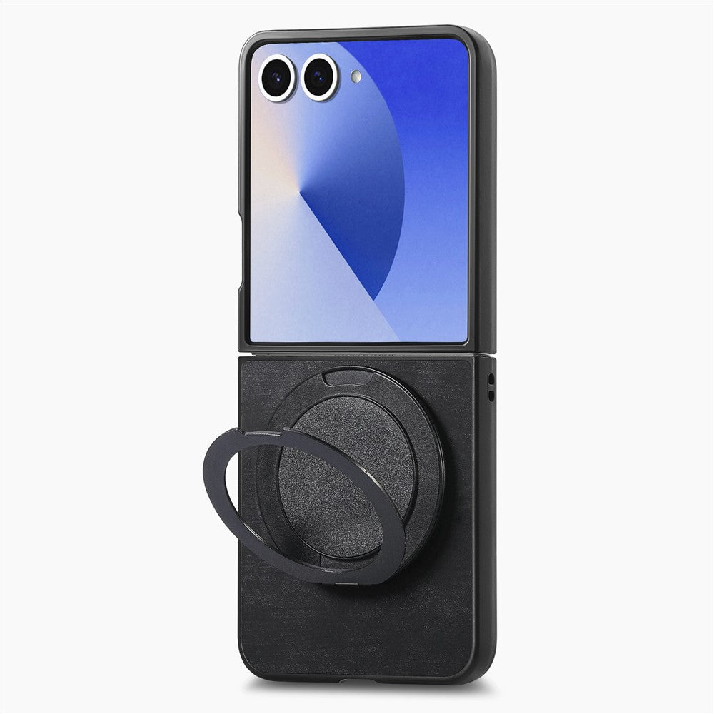 For Samsung Galaxy Z Flip7 5G Phone Case with Rotating Kickstand Stress Relief Retro Leather Back Cover - Black