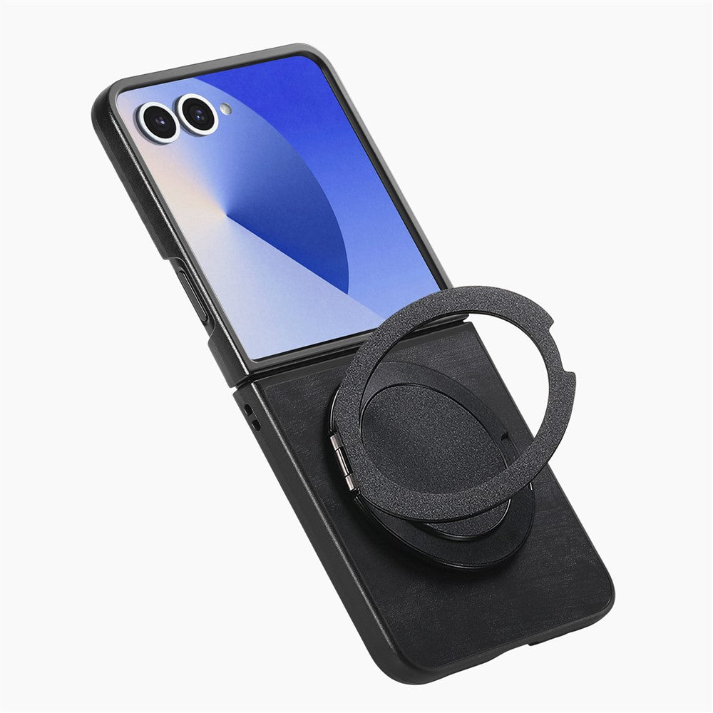 For Samsung Galaxy Z Flip7 5G Phone Case with Rotating Kickstand Stress Relief Retro Leather Back Cover - Black