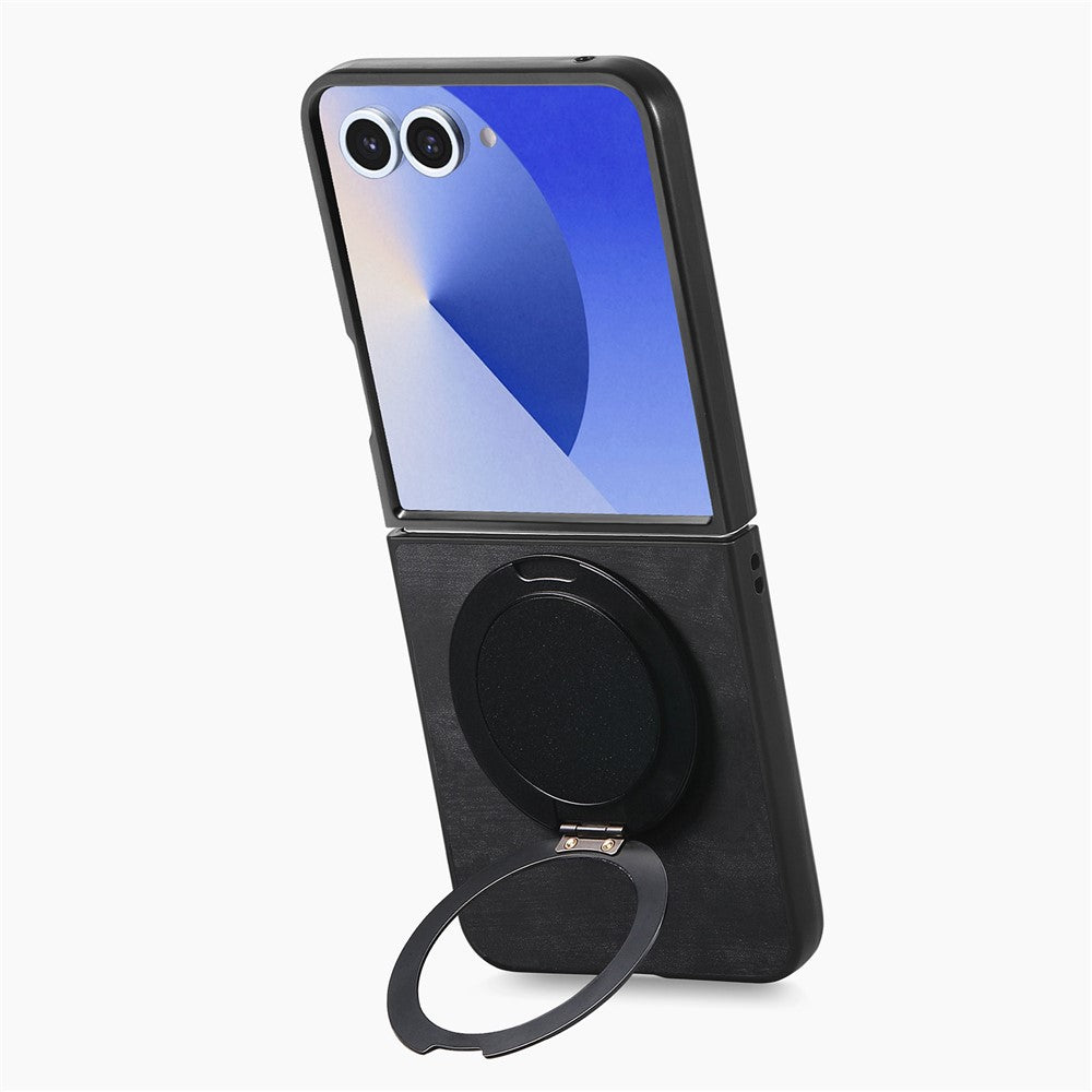 For Samsung Galaxy Z Flip7 5G Phone Case with Rotating Kickstand Stress Relief Retro Leather Back Cover - Black