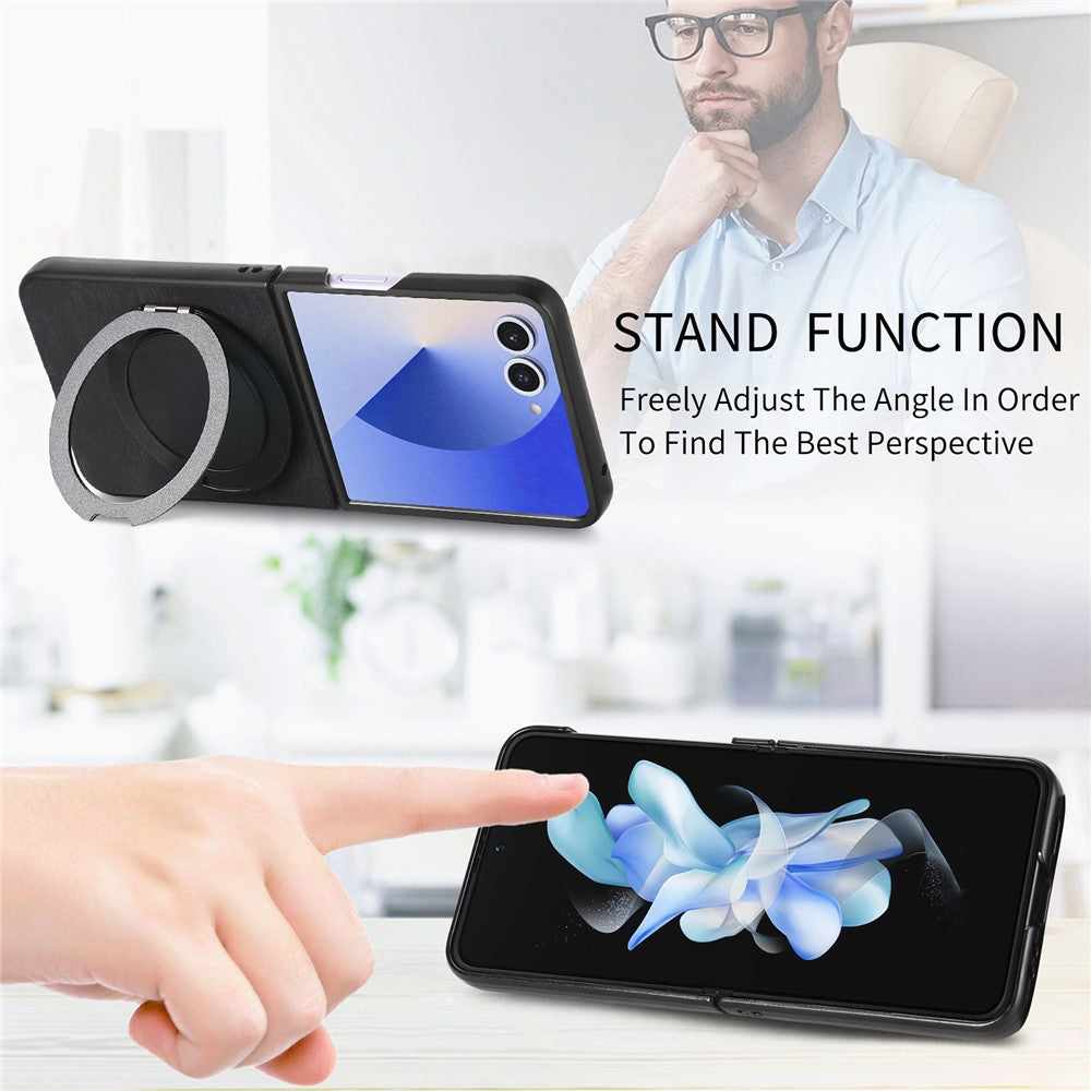 For Samsung Galaxy Z Flip7 5G Phone Case with Rotating Kickstand Stress Relief Retro Leather Back Cover - Black