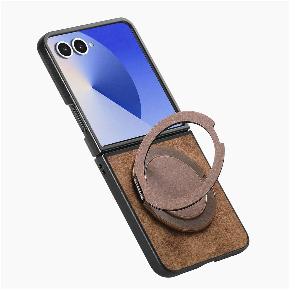 For Samsung Galaxy Z Flip7 5G Phone Case with Rotating Kickstand Stress Relief Retro Leather Back Cover - Brown