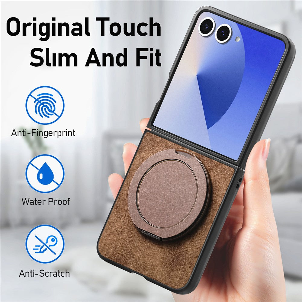 For Samsung Galaxy Z Flip7 5G Phone Case with Rotating Kickstand Stress Relief Retro Leather Back Cover - Brown