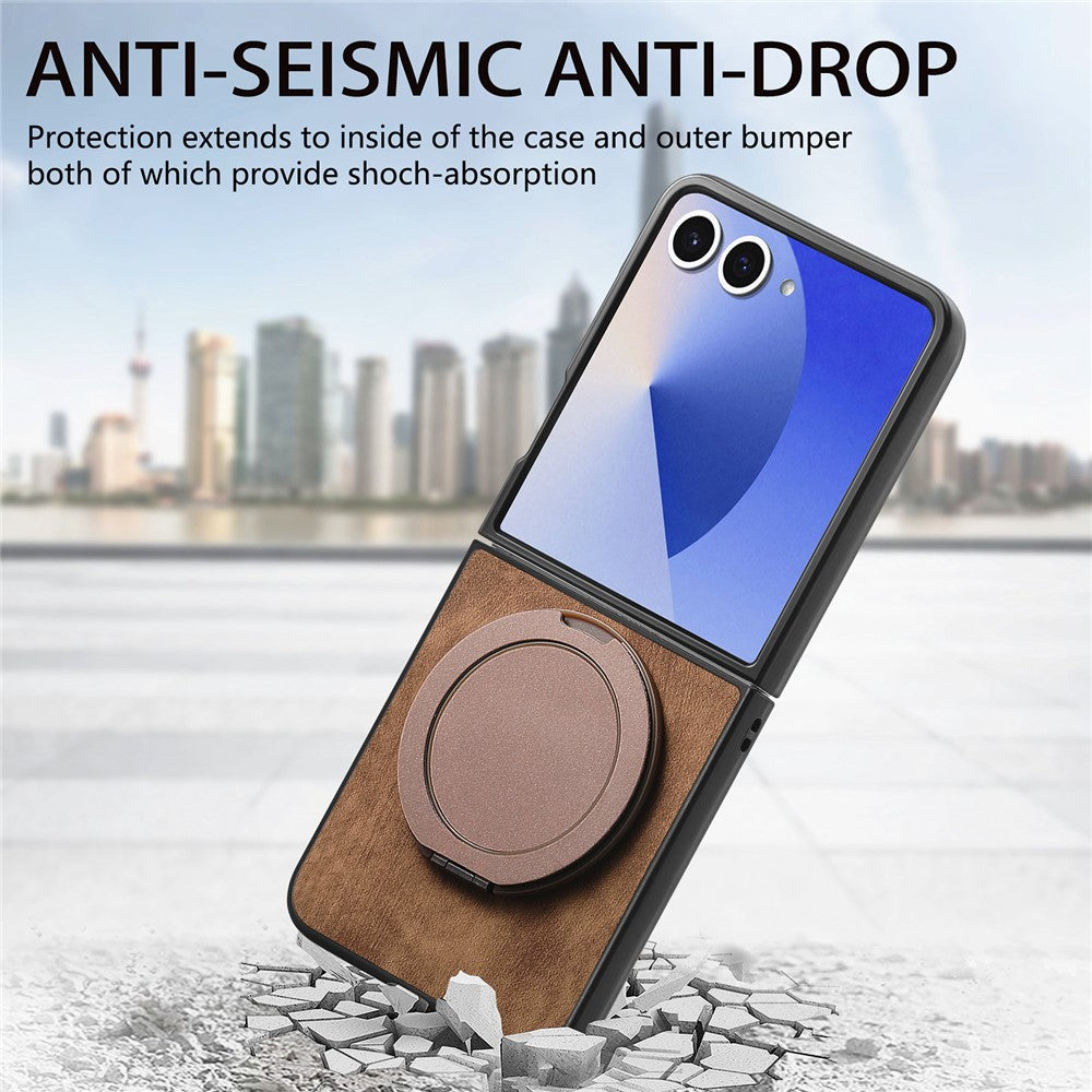 For Samsung Galaxy Z Flip7 5G Phone Case with Rotating Kickstand Stress Relief Retro Leather Back Cover - Brown