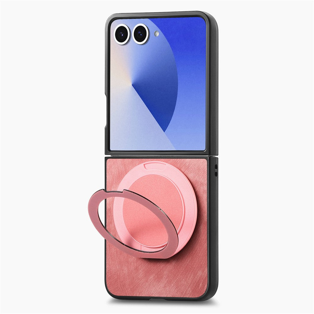 For Samsung Galaxy Z Flip7 5G Phone Case with Rotating Kickstand Stress Relief Retro Leather Back Cover - Pink