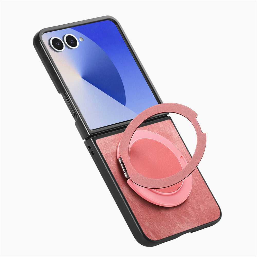 For Samsung Galaxy Z Flip7 5G Phone Case with Rotating Kickstand Stress Relief Retro Leather Back Cover - Pink