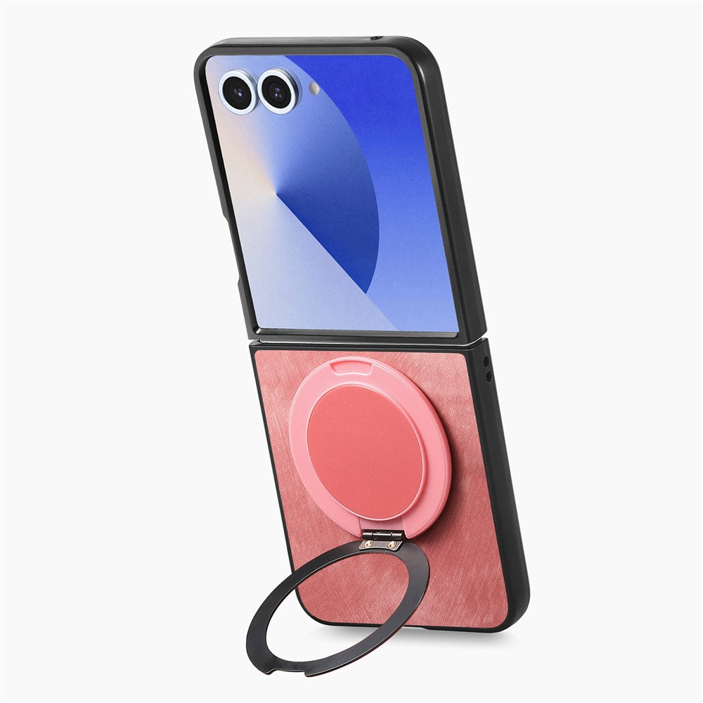 For Samsung Galaxy Z Flip7 5G Phone Case with Rotating Kickstand Stress Relief Retro Leather Back Cover - Pink