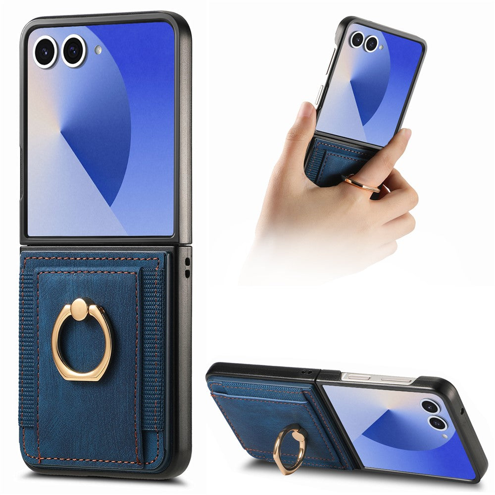 For Samsung Galaxy Z Flip7 5G Phone Case Leather Back Cover with Card Slots Kickstand - Blue