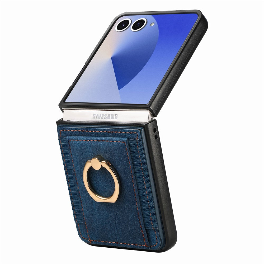 For Samsung Galaxy Z Flip7 5G Phone Case Leather Back Cover with Card Slots Kickstand - Blue