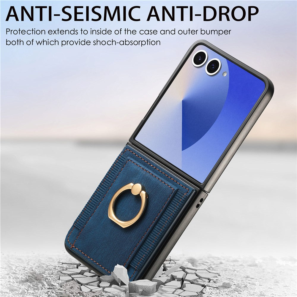 For Samsung Galaxy Z Flip7 5G Phone Case Leather Back Cover with Card Slots Kickstand - Blue