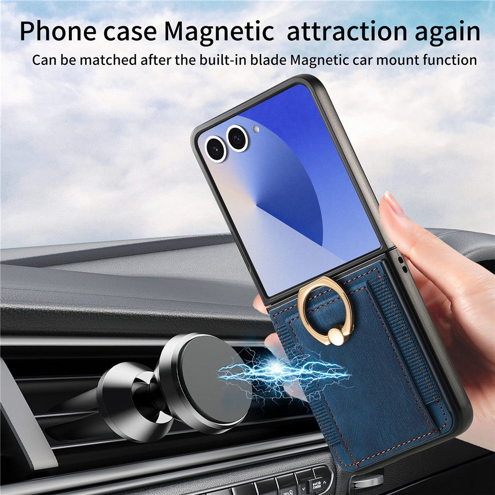 For Samsung Galaxy Z Flip7 5G Phone Case Leather Back Cover with Card Slots Kickstand - Blue