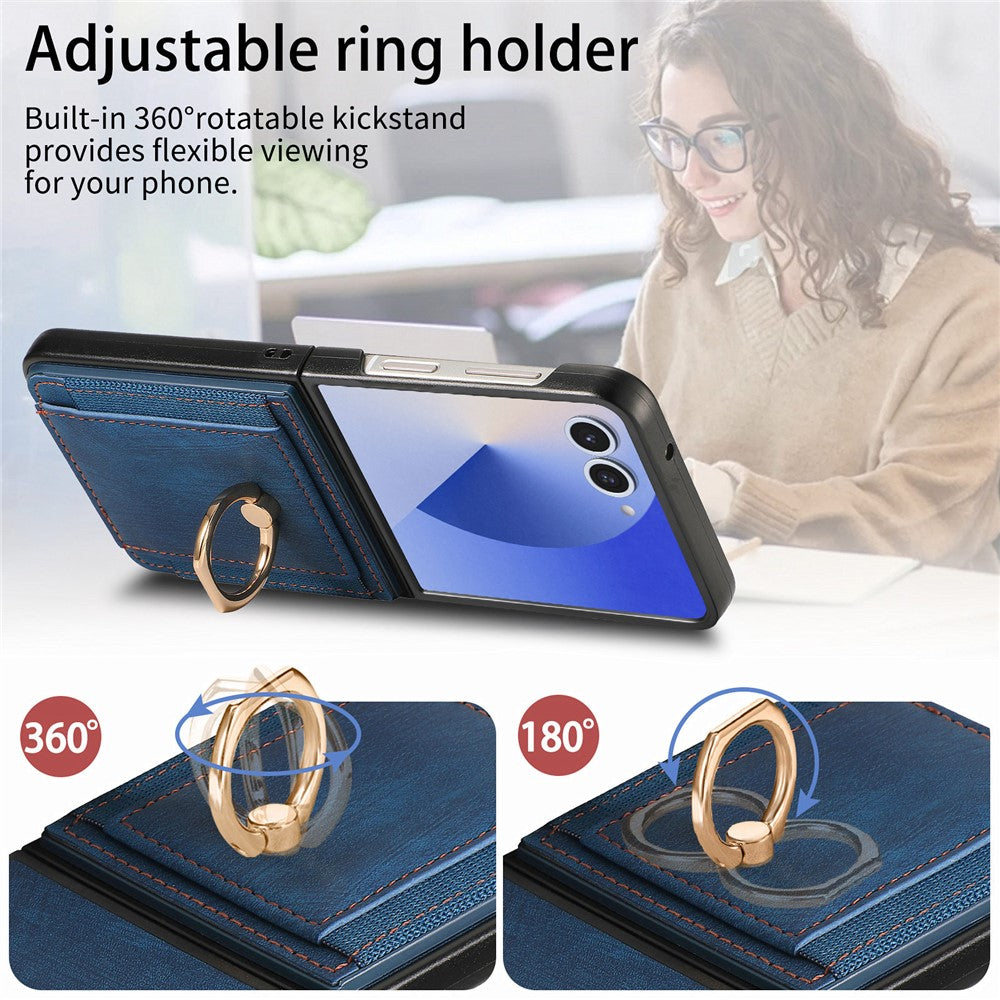 For Samsung Galaxy Z Flip7 5G Phone Case Leather Back Cover with Card Slots Kickstand - Blue