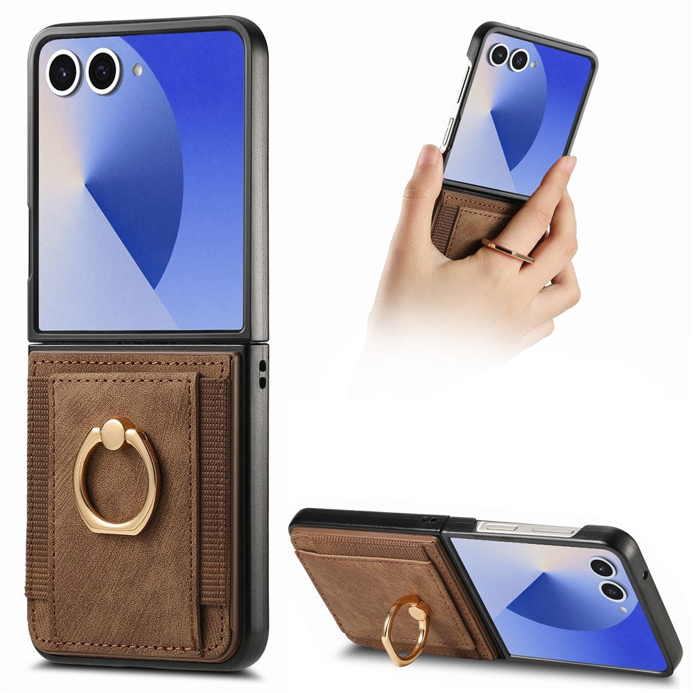 For Samsung Galaxy Z Flip7 5G Phone Case Leather Back Cover with Card Slots Kickstand - Brown