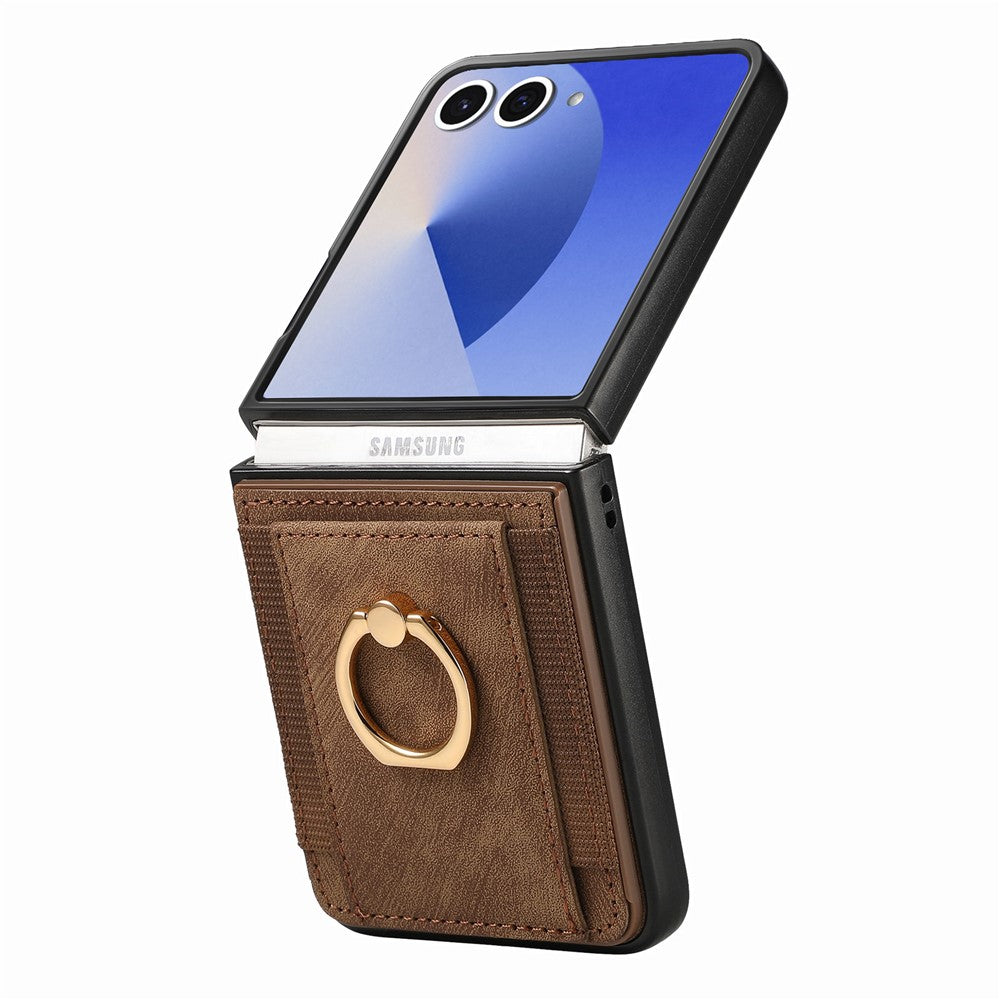 For Samsung Galaxy Z Flip7 5G Phone Case Leather Back Cover with Card Slots Kickstand - Brown