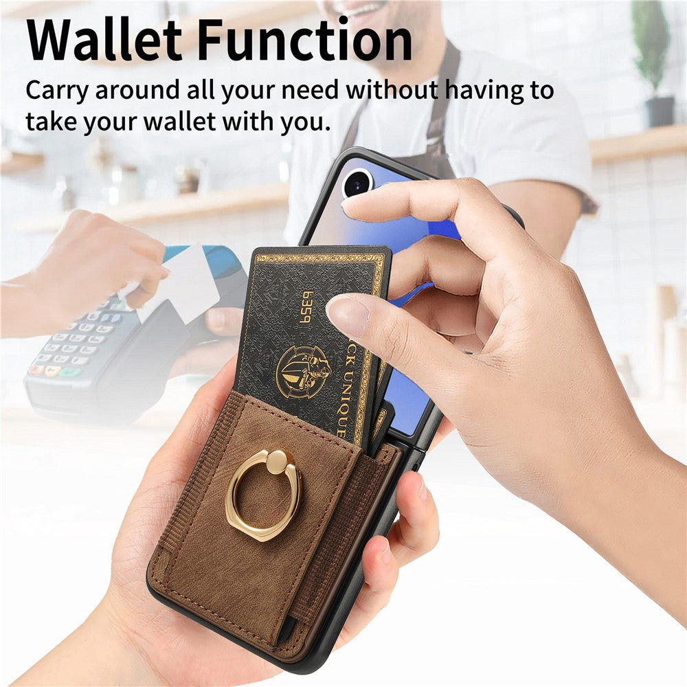 For Samsung Galaxy Z Flip7 5G Phone Case Leather Back Cover with Card Slots Kickstand - Brown