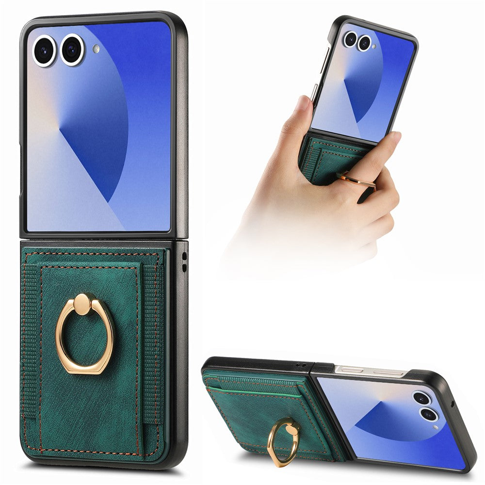 For Samsung Galaxy Z Flip7 5G Phone Case Leather Back Cover with Card Slots Kickstand - Green
