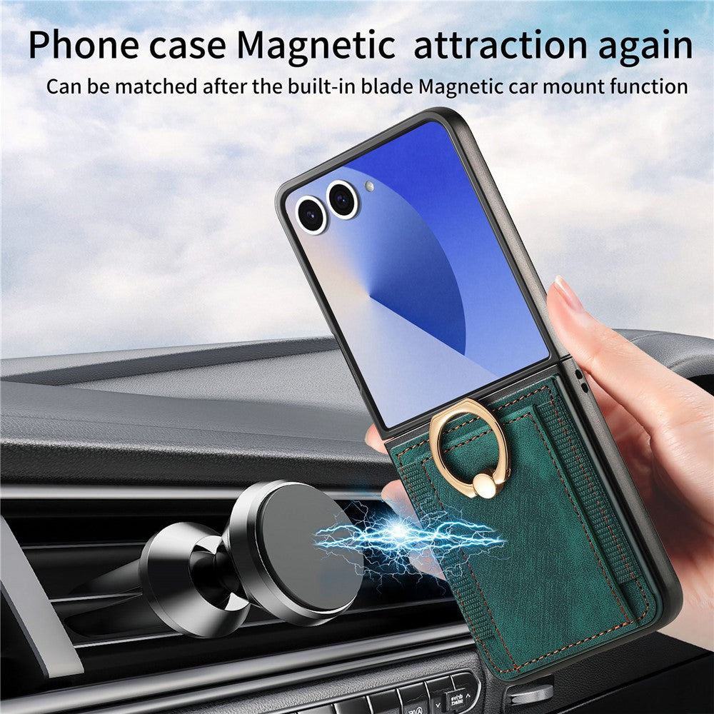 For Samsung Galaxy Z Flip7 5G Phone Case Leather Back Cover with Card Slots Kickstand - Green