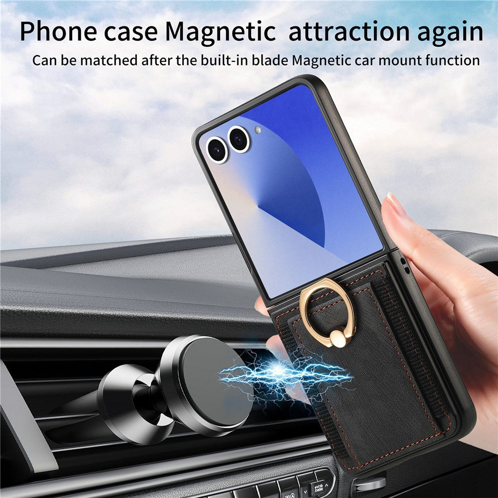 For Samsung Galaxy Z Flip7 5G Phone Case Leather Back Cover with Card Slots Kickstand - Black