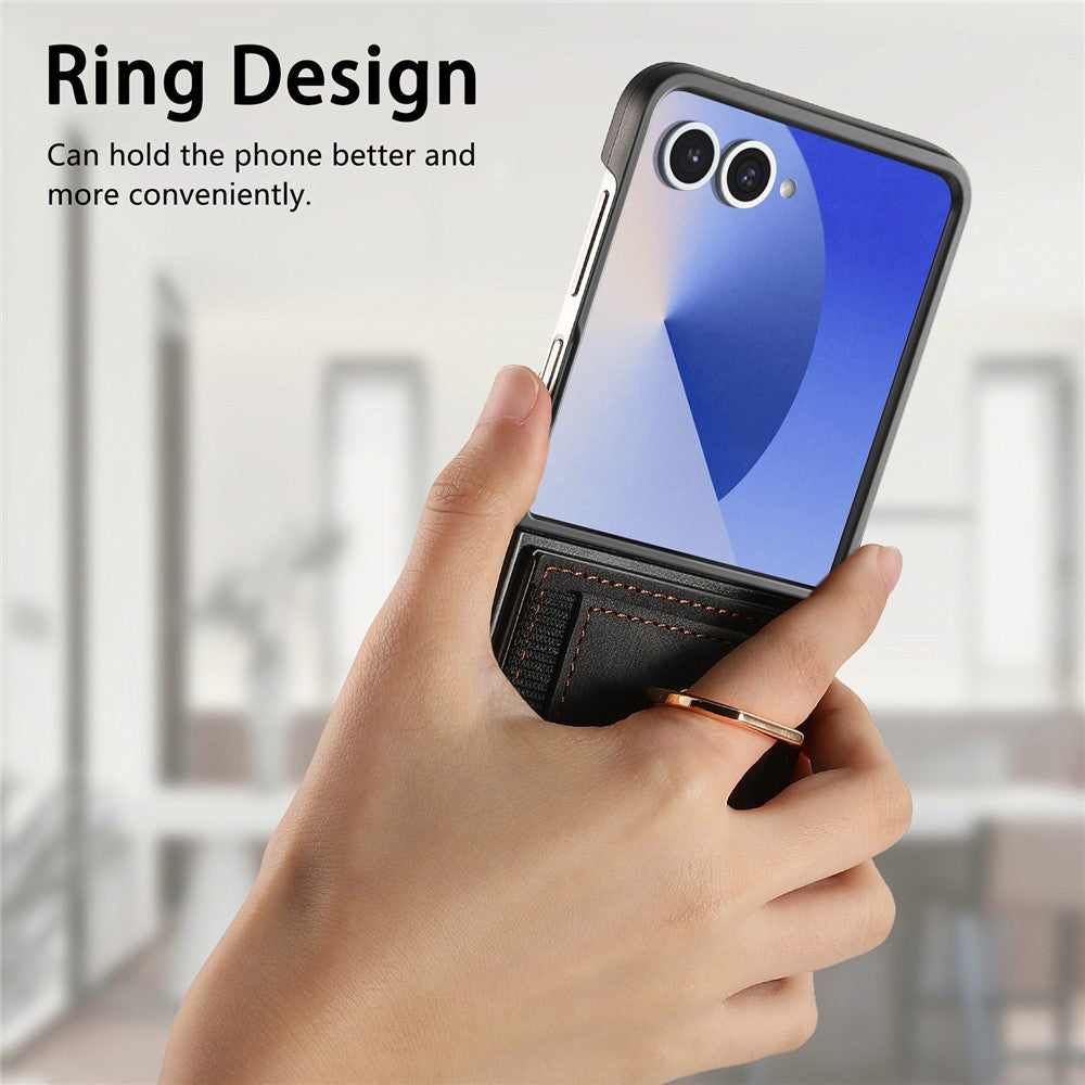 For Samsung Galaxy Z Flip7 5G Phone Case Leather Back Cover with Card Slots Kickstand - Black