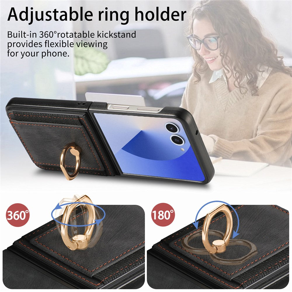 For Samsung Galaxy Z Flip7 5G Phone Case Leather Back Cover with Card Slots Kickstand - Black