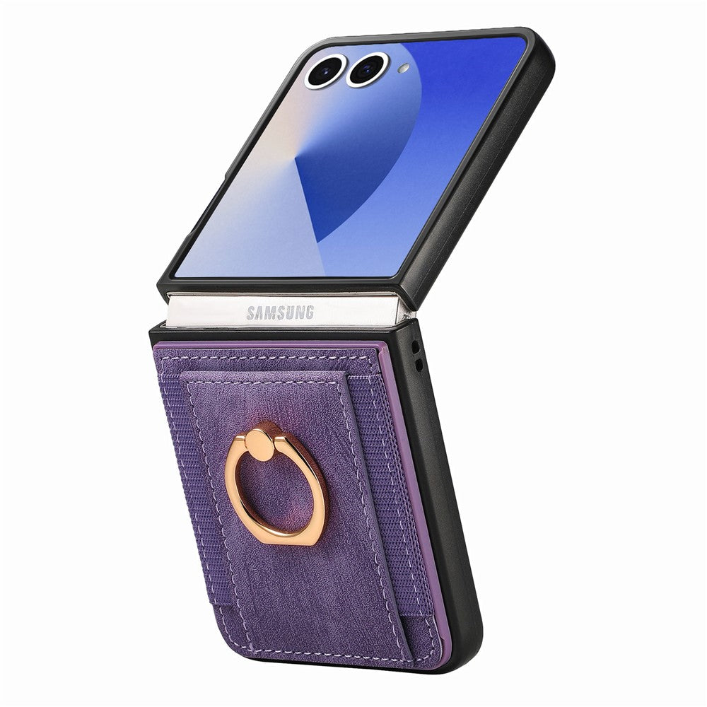 For Samsung Galaxy Z Flip7 5G Phone Case Leather Back Cover with Card Slots Kickstand - Purple