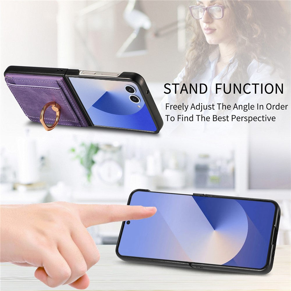 For Samsung Galaxy Z Flip7 5G Phone Case Leather Back Cover with Card Slots Kickstand - Purple