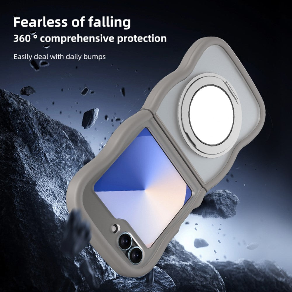 For Samsung Galaxy Z Flip7 FE 5G / Z Flip6 5G / Flip5 5G Magnetic Case Mirror Rotating Kickstand Wave Edge TPU + PC Phone Cover - Black