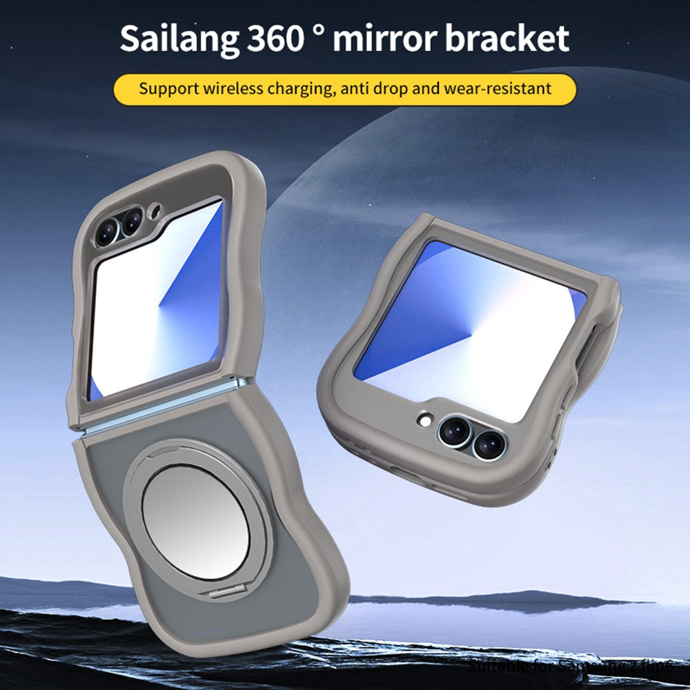 For Samsung Galaxy Z Flip7 FE 5G / Z Flip6 5G / Flip5 5G Magnetic Case Mirror Rotating Kickstand Wave Edge TPU + PC Phone Cover - Desert Gold