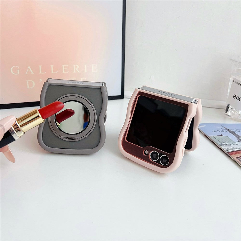 For Samsung Galaxy Z Flip7 FE 5G / Z Flip6 5G / Flip5 5G Magnetic Case Mirror Rotating Kickstand Wave Edge TPU + PC Phone Cover - Desert Gold