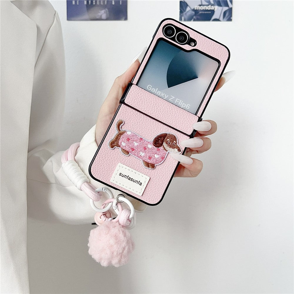 For Samsung Galaxy Z Flip7 FE 5G / Z Flip6 5G Case Cute Dog Hinge Protection Litchi Texture Phone Cover with Wrist Strap - Pink