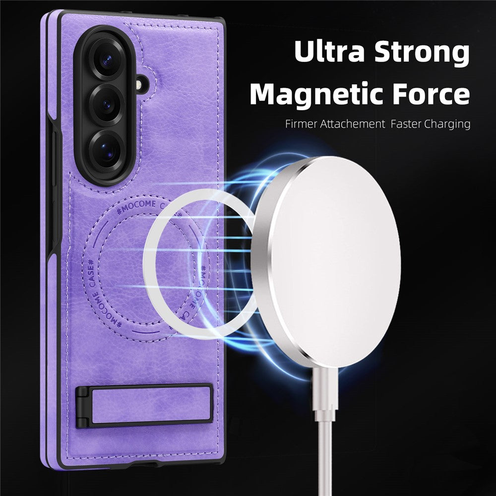 For Samsung Galaxy Z Fold7 5G Case Compatible with MagSafe Kickstand Leather Phone Back Cover - Light Purple