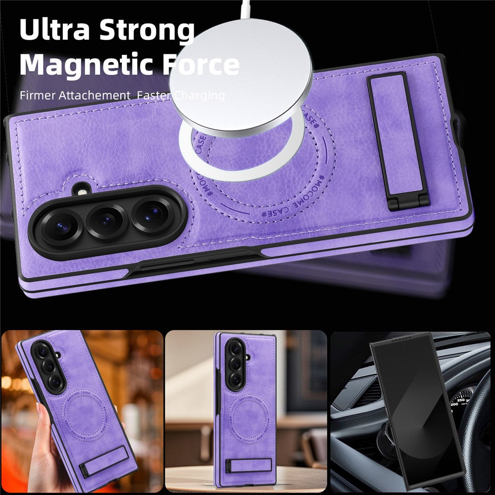 For Samsung Galaxy Z Fold7 5G Case Compatible with MagSafe Kickstand Leather Phone Back Cover - Light Purple