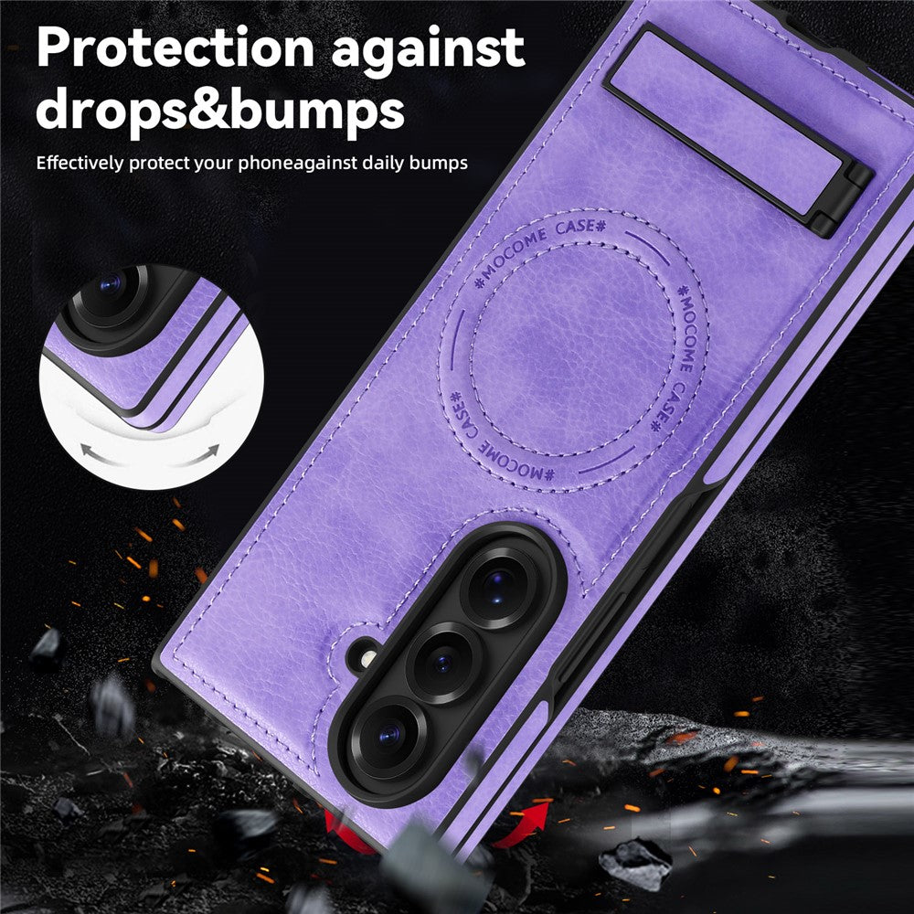 For Samsung Galaxy Z Fold7 5G Case Compatible with MagSafe Kickstand Leather Phone Back Cover - Light Purple