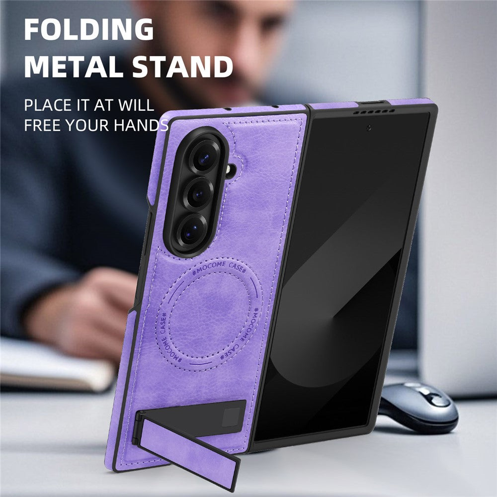For Samsung Galaxy Z Fold7 5G Case Compatible with MagSafe Kickstand Leather Phone Back Cover - Light Purple