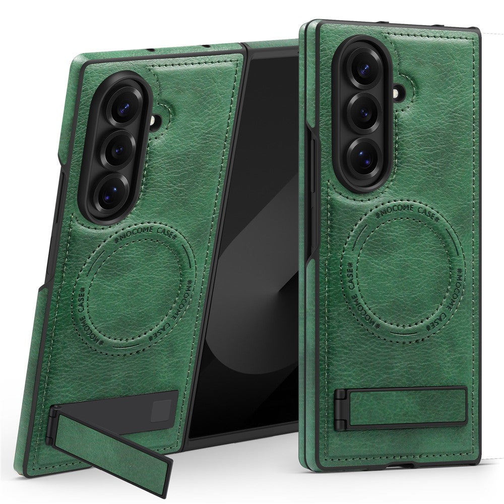 For Samsung Galaxy Z Fold7 5G Case Compatible with MagSafe Kickstand Leather Phone Back Cover - Blackish Green
