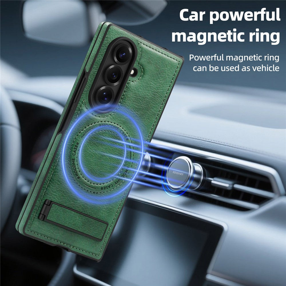 For Samsung Galaxy Z Fold7 5G Case Compatible with MagSafe Kickstand Leather Phone Back Cover - Blackish Green