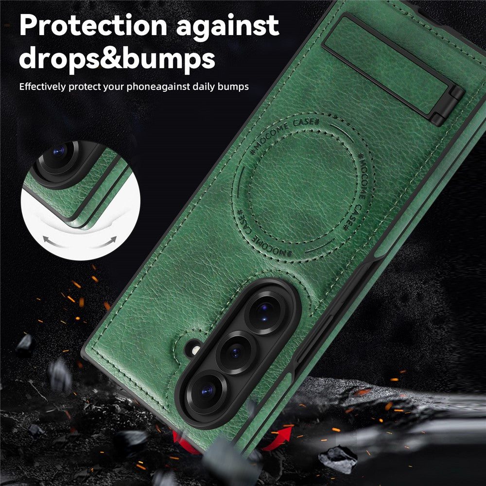 For Samsung Galaxy Z Fold7 5G Case Compatible with MagSafe Kickstand Leather Phone Back Cover - Blackish Green