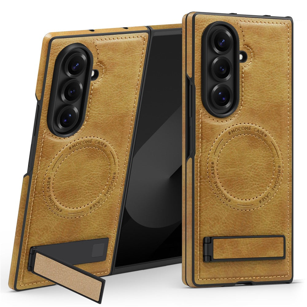 For Samsung Galaxy Z Fold7 5G Case Compatible with MagSafe Kickstand Leather Phone Back Cover - Brown